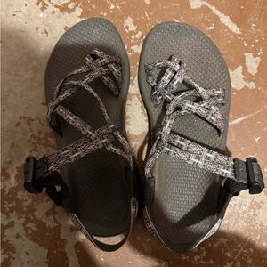 Chaco Gray and Pink two strap toe sandals